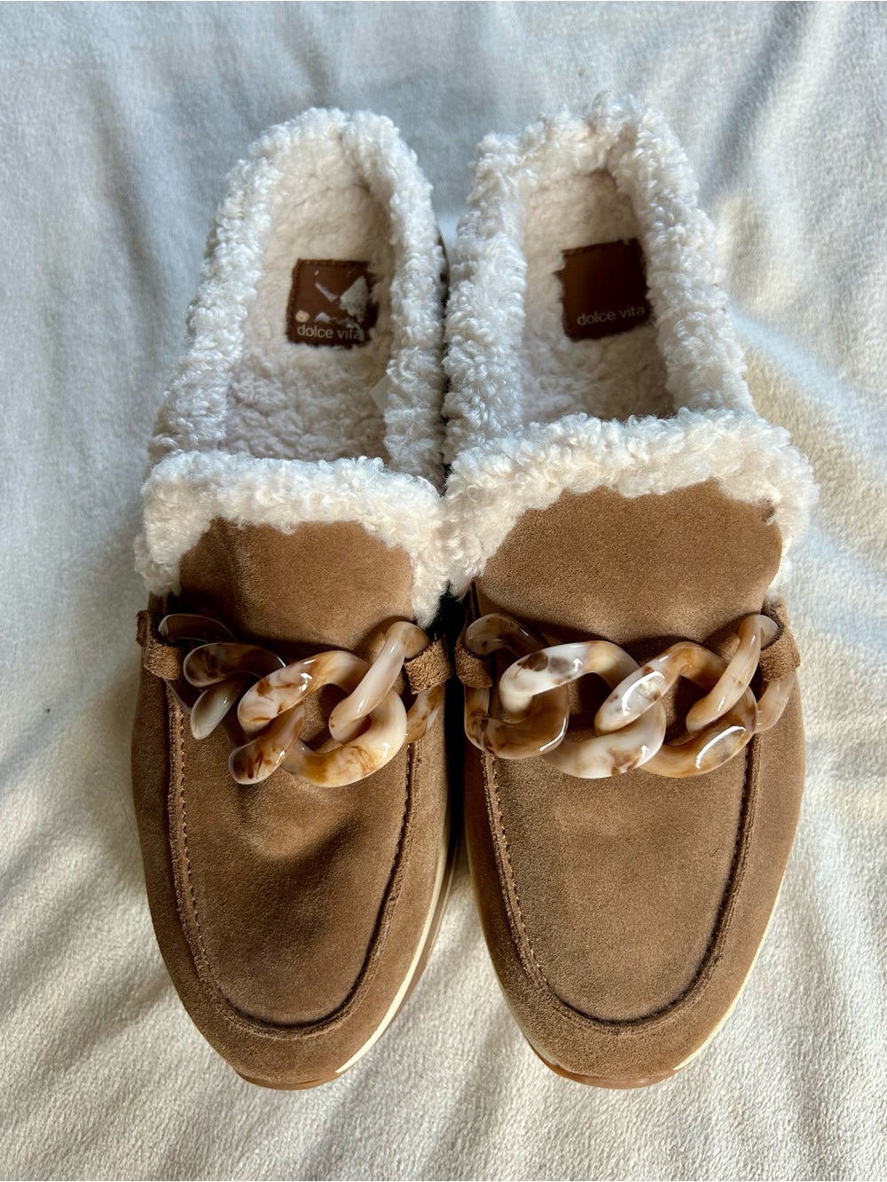 Women's Dolce Vita Jamey Tan Suede Platform Loafers with Shearling Trim Sz 7.5 - Picture 4 of 7